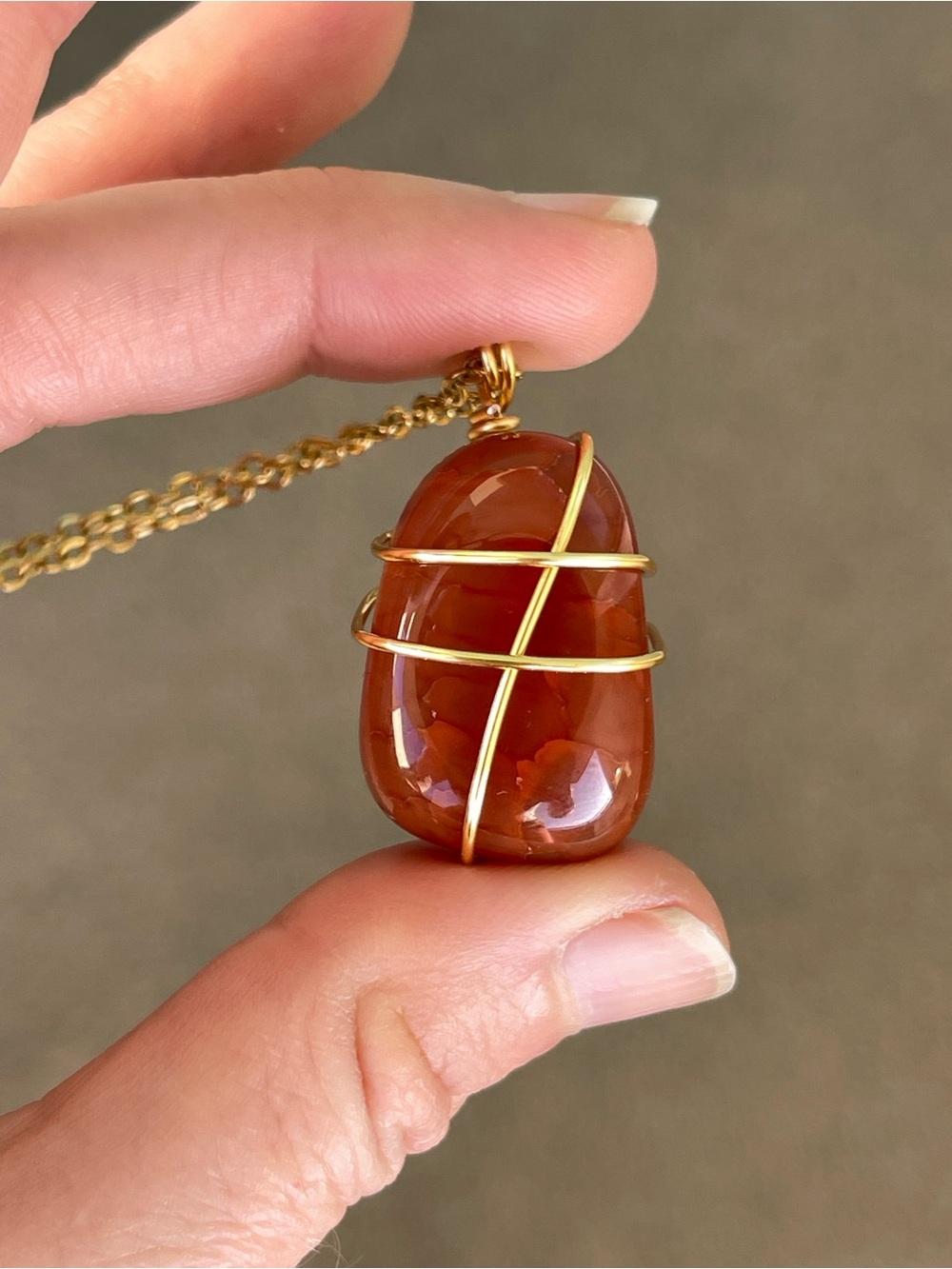 Carnelian Necklace Stainless Steel Gold Plated Chain Dark Orange Handmade